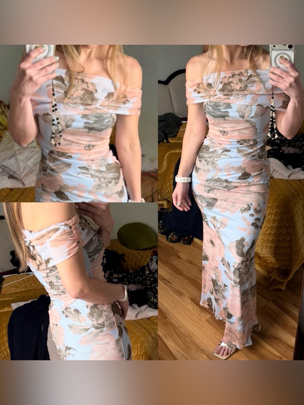 ASOS DESIGN asymmetric bardot mesh maxi dress in floral print off shoulder xs